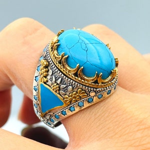 Turquoise Stone Men&#39;s Ring, Bronze Detail, Handmade Turkish Jewelry