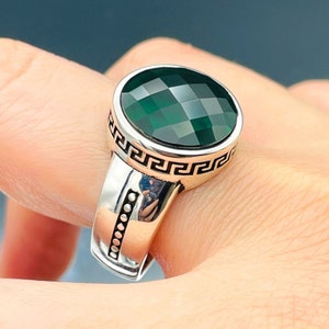 Mens Green Zircon Stone Ring, Turkish Handmade Ring, Oval Stone Ring, 925 Sterling Silver, Ottoman Style Ring, Mens Jewelry, Gift For Him