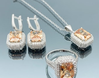 Champagne Citrine Stone Silver Set Mujer, Plata de ley 925, Conjunto de mujer de plata hecho a mano, Conjunto de joyería para mujer, Pendiente de citrino, Regalo de mamá