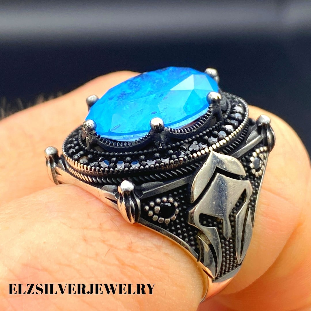 Blue Tourmaline Stone Mens Ring: Spartan Helmet 925 Sterling Silver