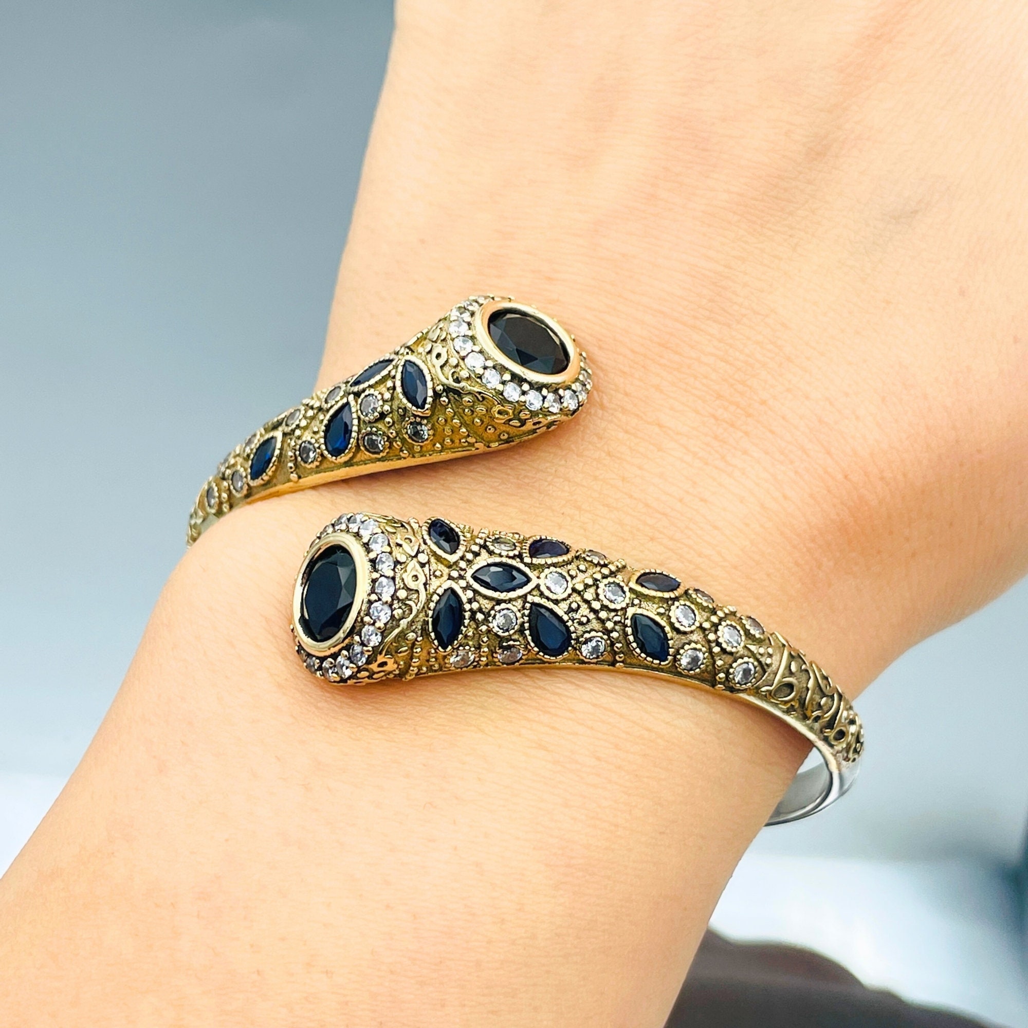 Bracelet Manchette En Argent 925 Avec Saphirs Multicolores - Neuf, Sans Emballage