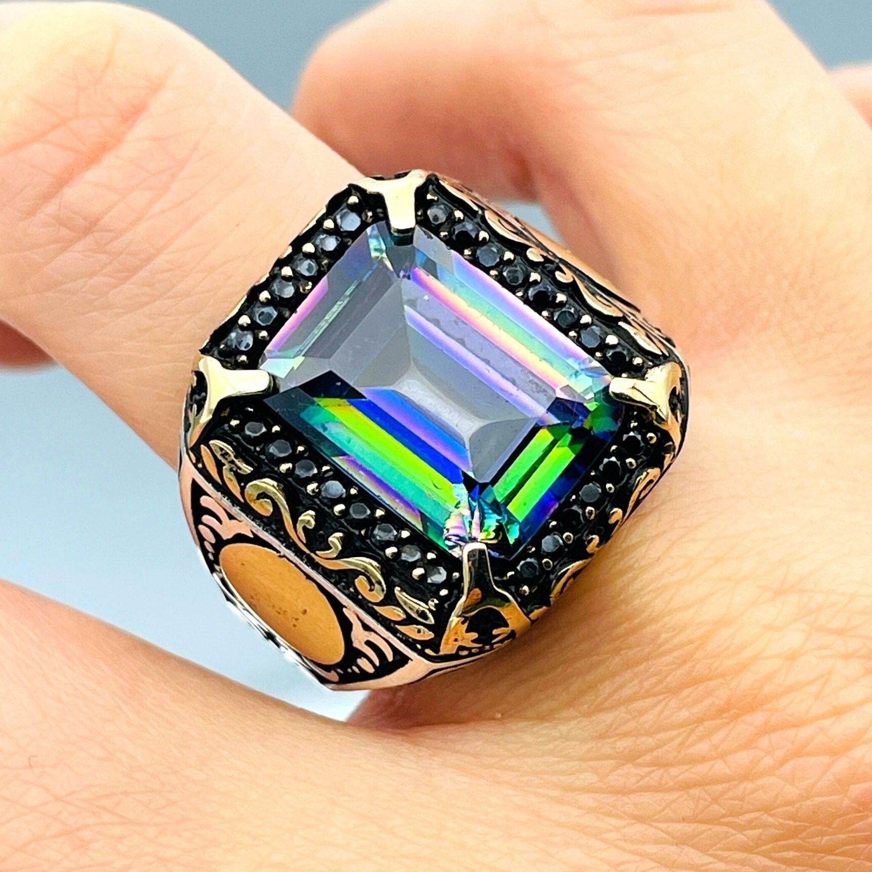 メンズ ミスティック トパーズ ストーン リング：トルコ製ハンドメイド