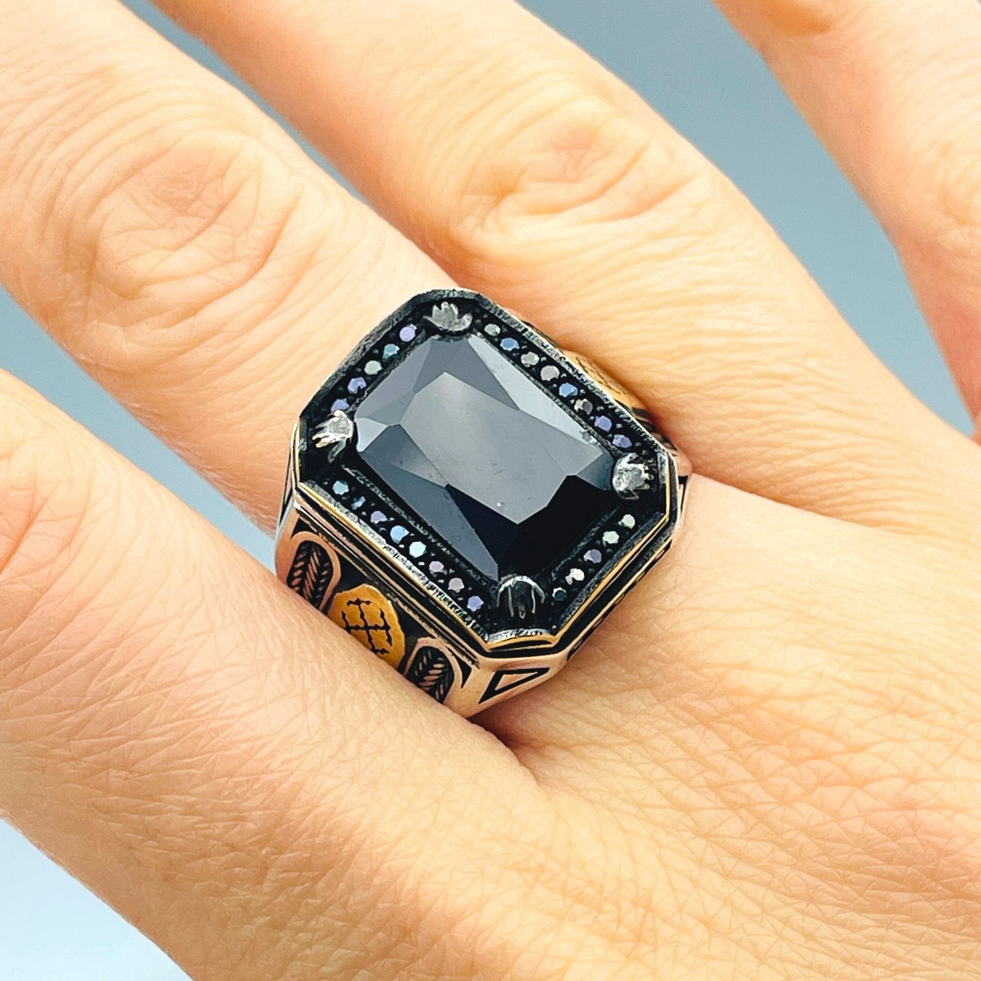 送税込【CRAFTD London】Onyx Squared Stone Signet Ring (2色) Men's Black Onyx Square Stone Ring (18k Gold)