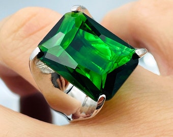 Green Emerald Stone Ring Women, Big Stone Baguette Ring Ladies, Handmade Ring, 925 Sterling Silver, Authentic Silver Ring,Gift For Her