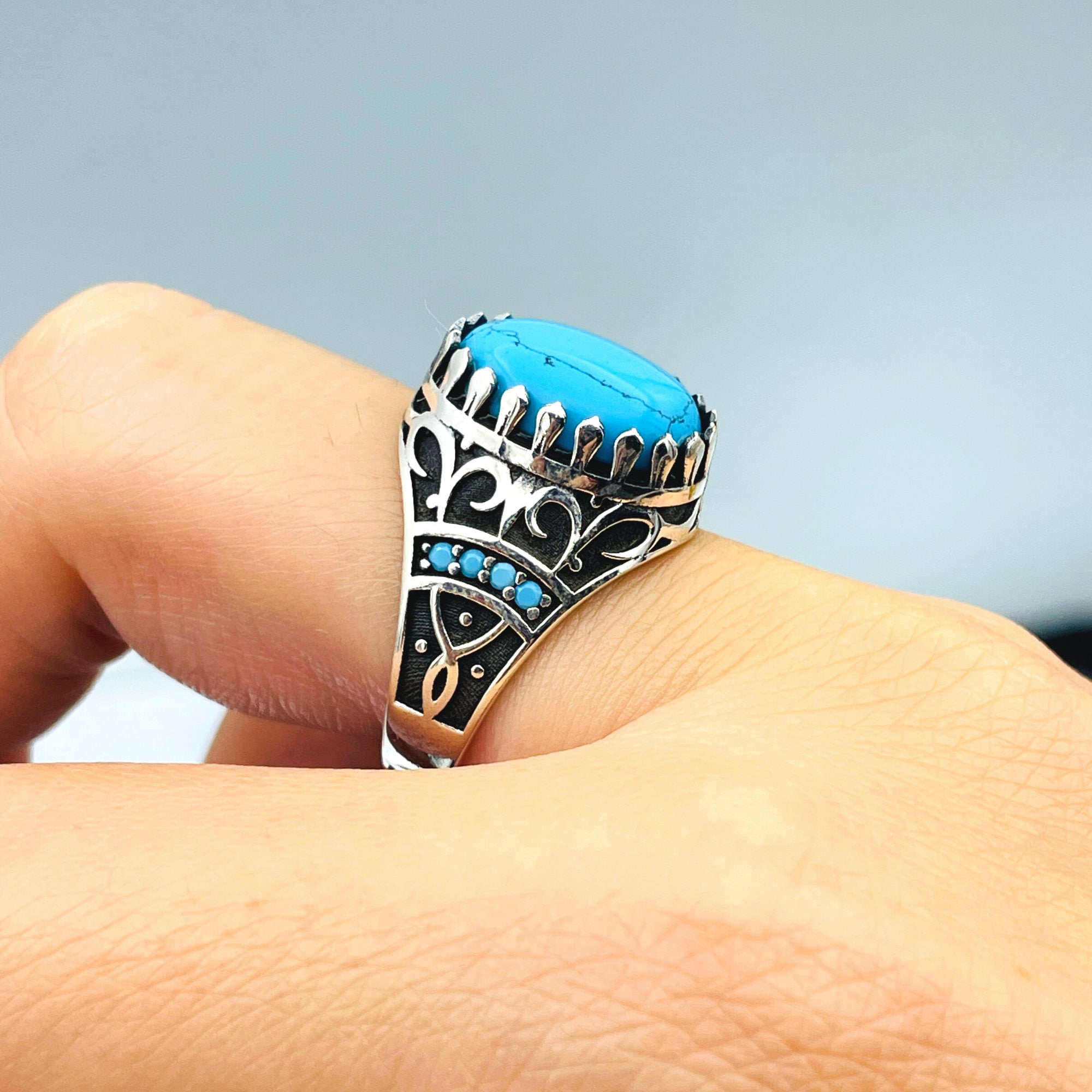 925 Sterling Silver Ring Genuine Turquoise Sterling Silver Ring For Men ...