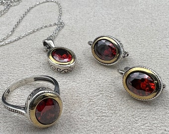 Women&#39;s Handmade Silver Jewelry Set, Ruby Set, Authentic Set, Ruby Ring, Pendant, Gift Wife, Gift Mother 925 Sterling Silver, Gift For Her