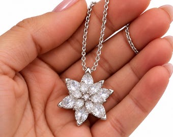 White Zircon Floral Pendant, December Birthstone Lotus Necklace in Polished 925 Sterling Silver