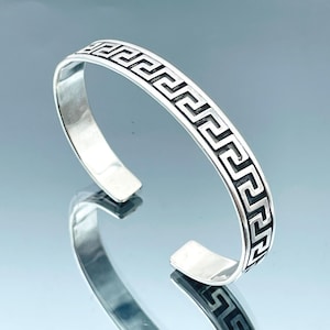 Mens Sterling Silver Cuff Bracelet: Greek Key Bangle, Adjustable Handmade Jewelry