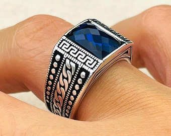 Blue Sapphire Gemstone Ring, Handmade Silver Ring, Mens 925 Sterling Silver Ring, Statement Ring, Minimalist Silver Ring, Unique Ring