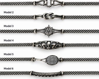 Unisex Italian Mesh Bracelet, 925 Sterling Silver, Six Oxidized Centerpiece Designs
