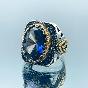 Blauwe herenring tanzanitsteen, blauwe stenen ring voor mannen, Turkse handgemaakte zilveren ring, Ottomaanse herenring, 925 k massief zilver, cadeauring