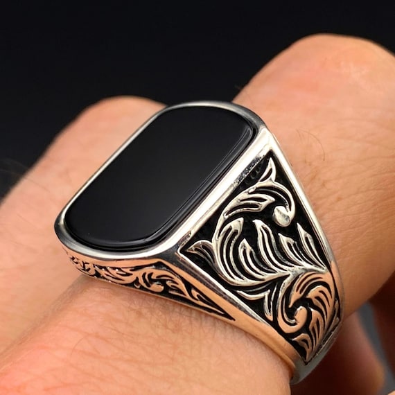 Men's Handmade Black Onyx Ring: 925 Sterling Silver, Ottoman Style