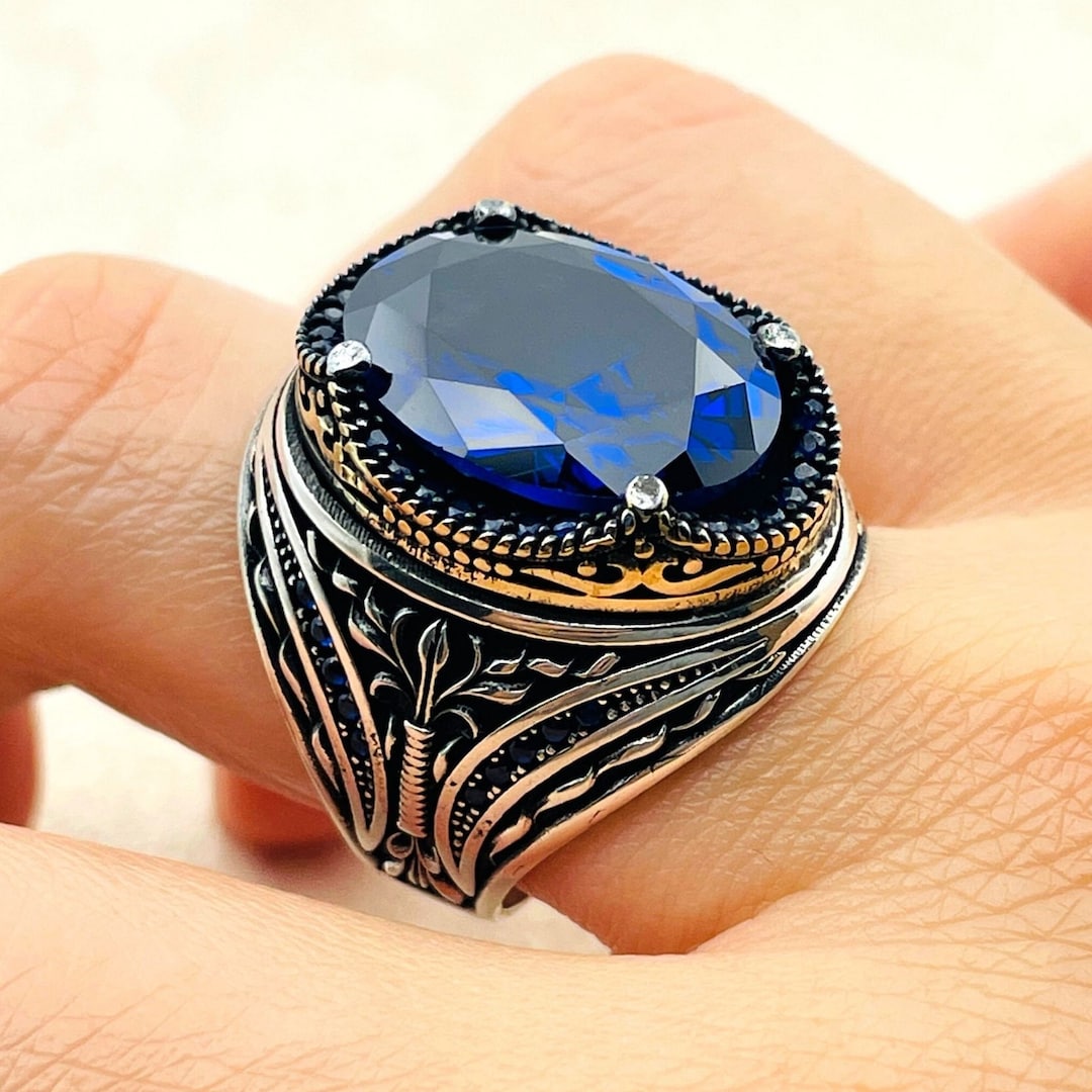 Men s Blue Sapphire Stone Ring Turkish Handmade Ring Oval Stone Ring Mens Jewelry Ottoman Style Ring 925 Sterling Silver Gifts Ring Etsy