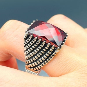Zircon Ring Men, Red Squared Stone Ring, Turkish Handmade Ring, 925k Sterling Silver Ring, Ottoman Stlye Ring, Mens Jewelry, Gift for Him