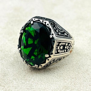 Green Emerald Stone Mens Ring, Turkish Handmade Silver Ring, Ottoman ...