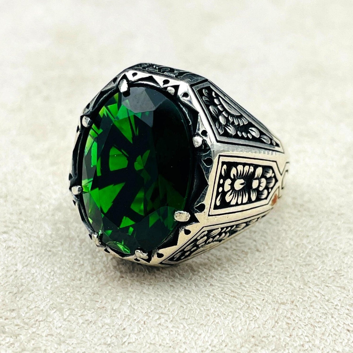 Green Emerald Stone Mens Ring Turkish Handmade Silver Ring - Etsy