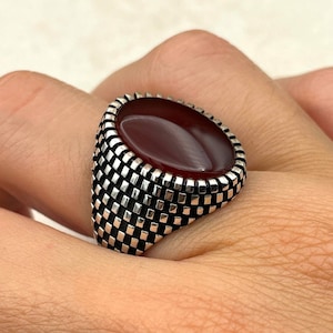 Handmade Sterling Silver Men's Ring: Red Agate Ottoman Style