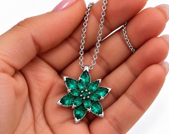 May Birthstone Emerald Necklace, Twelve-Petal Lotus Pendant in Polished 925 Sterling Silver