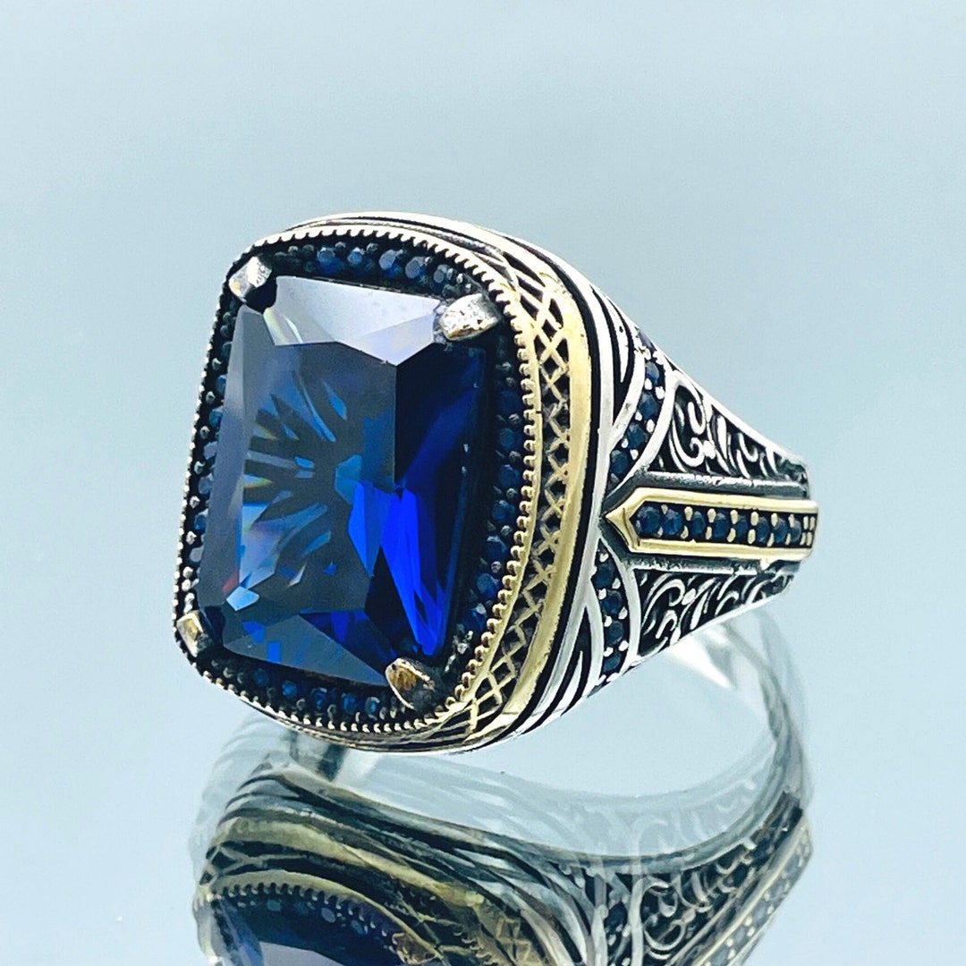 Handmade Sapphire Men's Ring: Square Blue Stone, 925k Silver - Etsy