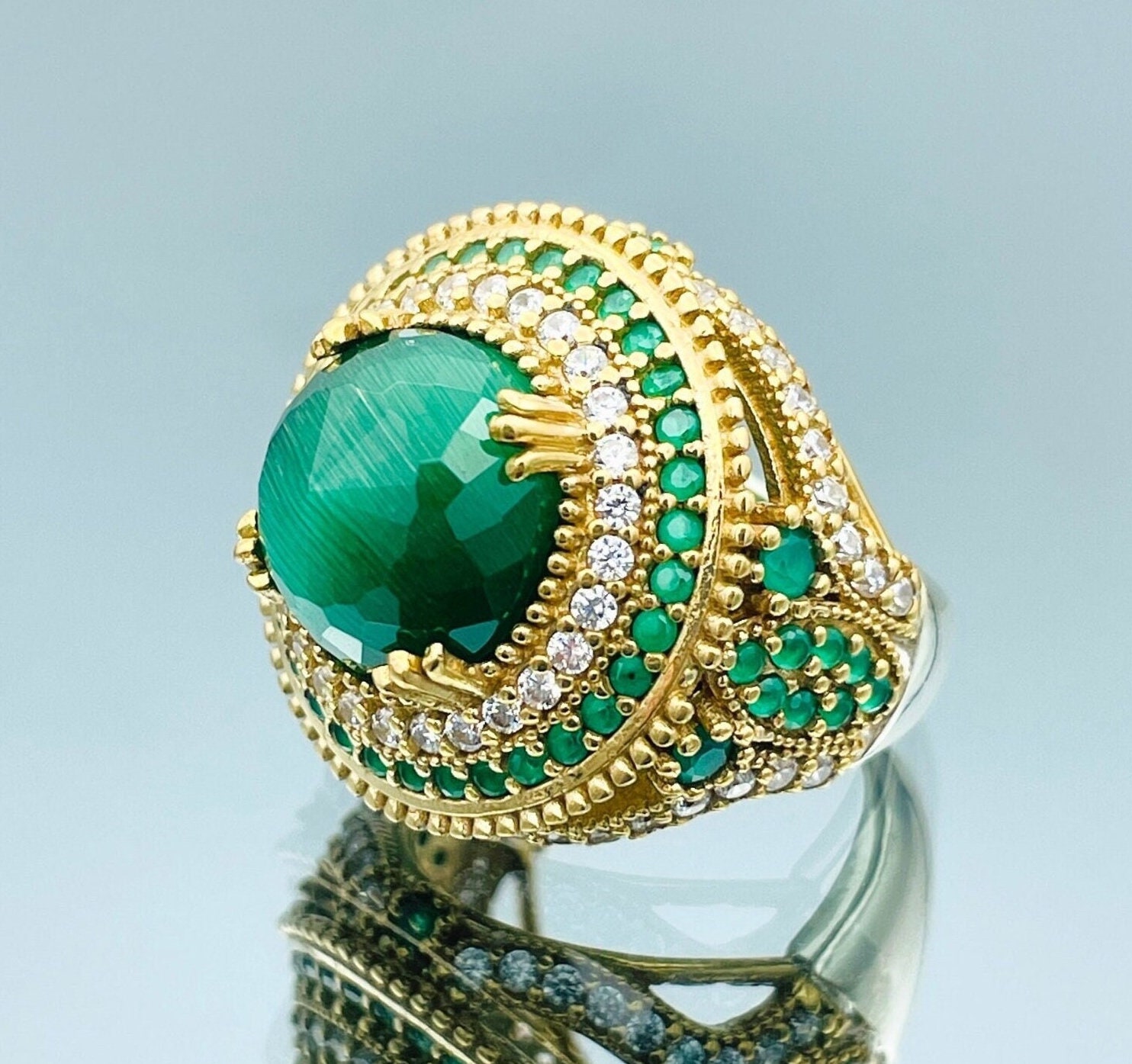 Handmade Malachite Sterling Silver Ring: Turkish Ottoman Style