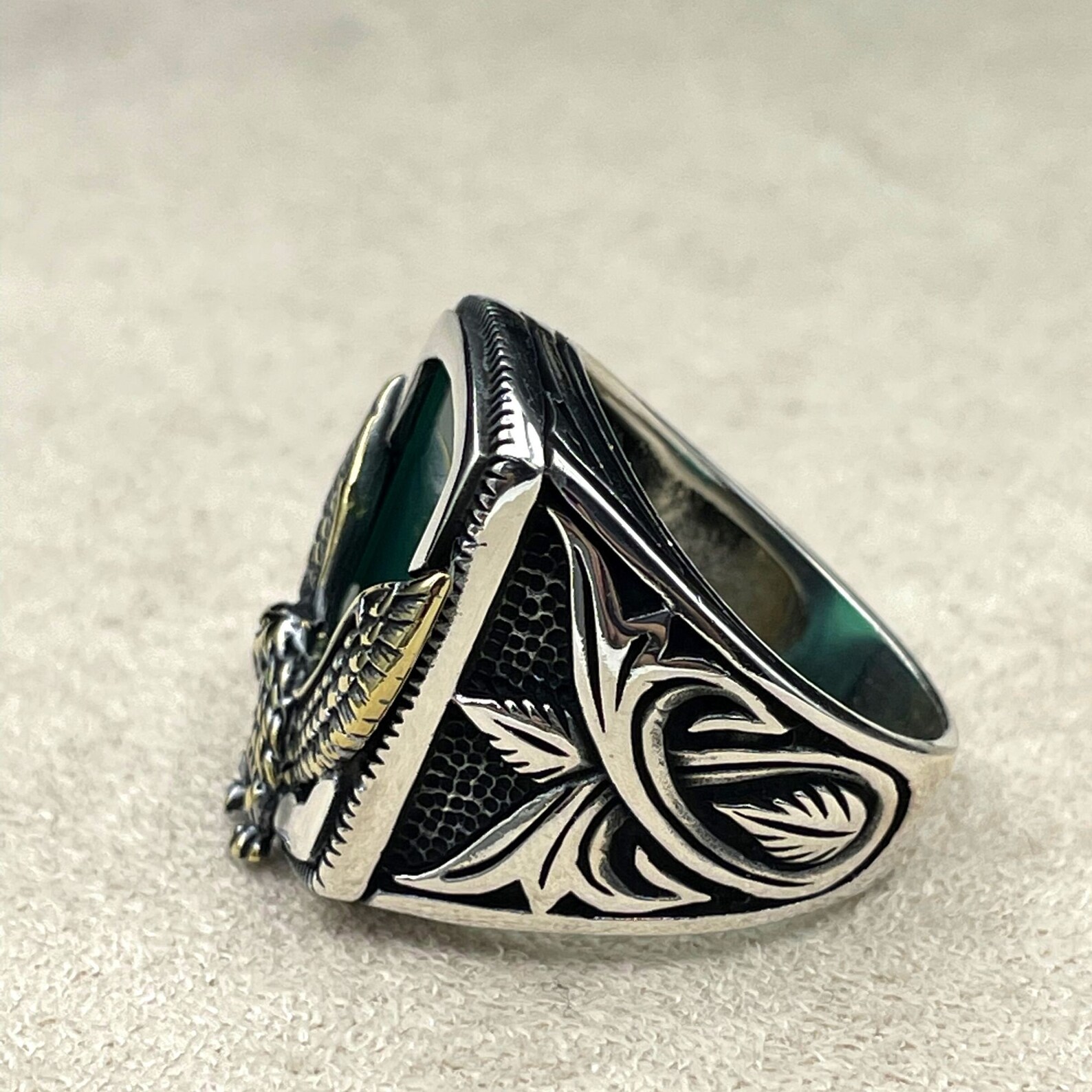 Men's Solid 925 Sterling Silver Ring With Green Agate Stone - Lion Design, Size 13 - View #4