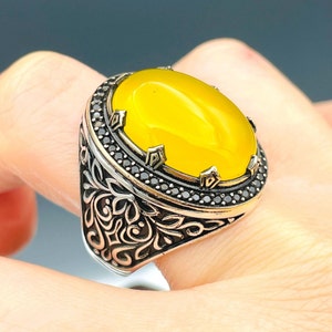 Men's Handmade Silver Ring, Oval Yellow Agate Stone Ring, 925 Sterling Silver Ring, Ottoman Silver Ring, Mens Silver Jewelry, Gift Ring