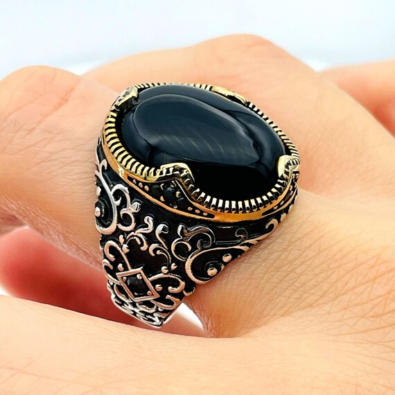 Handmade Oval Onyx Sterling Silver Ring - Engraved Ottoman Style