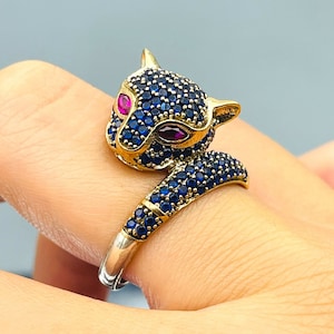 Blue Sapphire Stone Tiger Womens Ring, Handmade Ladies Ring, 925k Sterling Silver, Animal Silver Ring, Womens Jewelry, Gift For Her