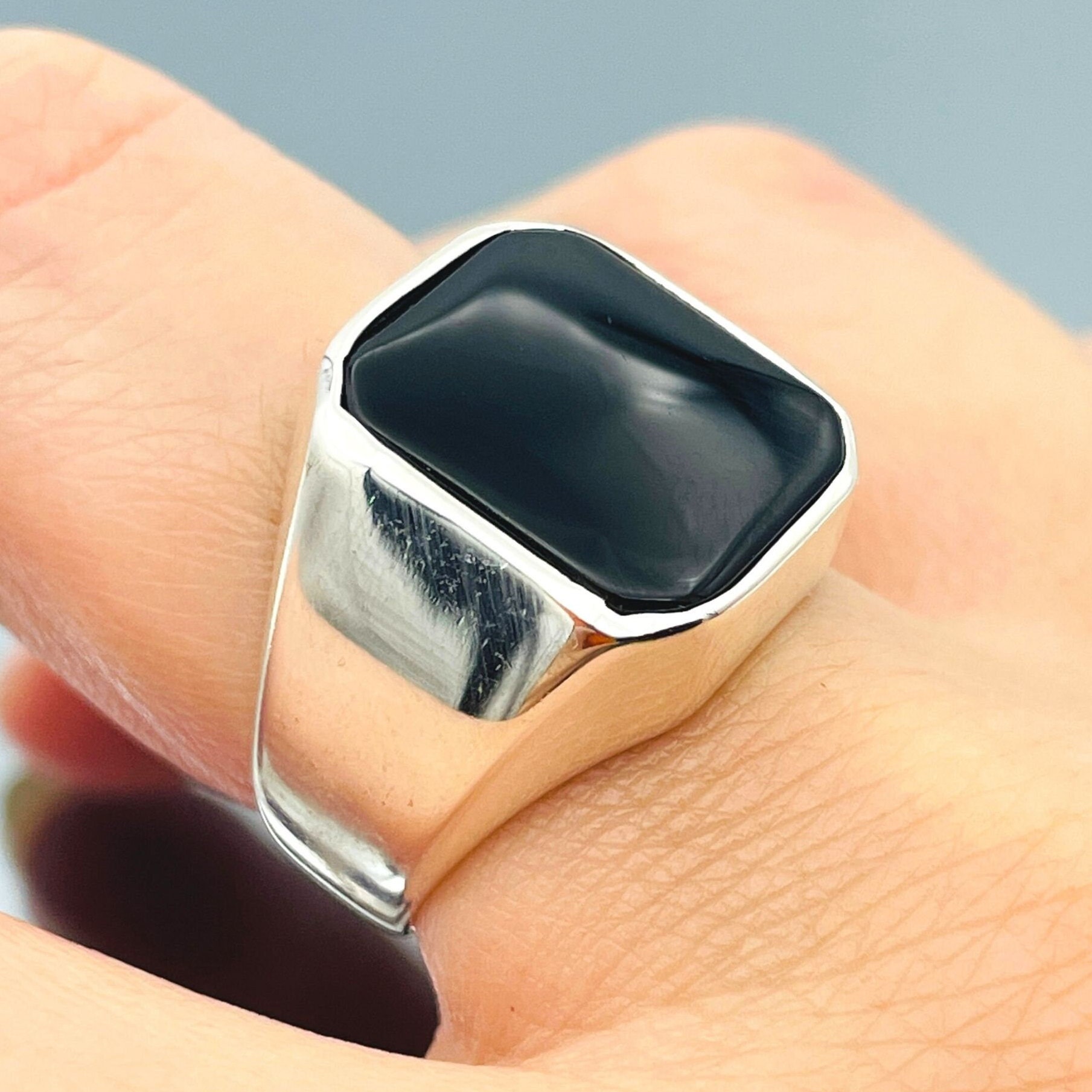 SQUARE ONYX STONE RING-SILVER925-オニキスリング Handmade Black Onyx Square Stone Ring: 925 Sterling Silver - Etsy