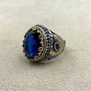 Sapphire Stone Men Silver Ring, Handmade Ring Jewelry, 925 Sterling Silver, Ottoman Style Ring, Blue Zircon Ring, Men Jewelry, Gift Hor Him