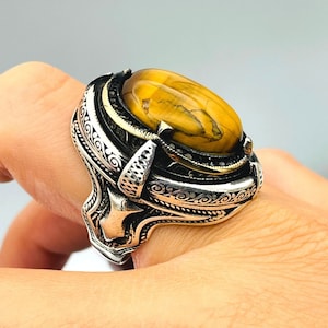 Natural Tigers Eye Stone Men&#39;s Silver Ring, Ottoman Style Turkish Handmade Ring, 925 Sterling Silver, Oval Topaz Cut Ring, Gift For Him