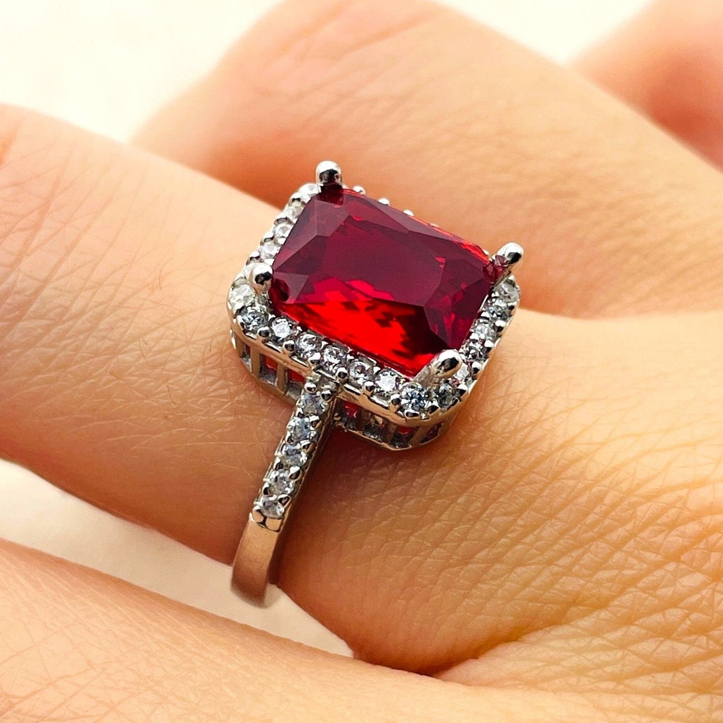 Red Ruby Squared Stone Womens Ring, Turkish Handmade Ladies Red Ruby Squared Stone Womens Ring, Turkish Handmade Ladies