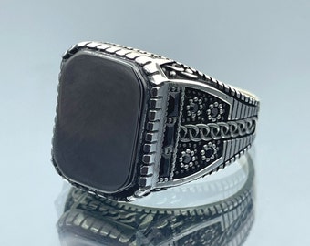 Men's Black Onyx Ring: Handmade 925 Sterling Silver, Turkish Style