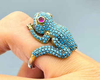 Handmade Sterling Silver Frog Ring: Turquoise Animal Jewelry