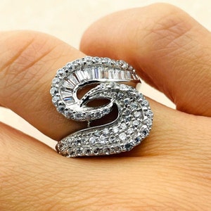 White Zircon Fantasy Model Womens Ring, Turkish Handmade Ladies Ring, Authentic Gift, 925k Sterling Silver,Gift For Her, Gift For Mother Day