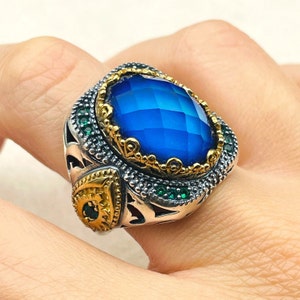 Colormix Tourmaline Stone Mens Ring, Feeling Stone Ring, Emotion Stone Ring, Turkish Handmade Ring, 925 Sterling Silver, Gift For Him