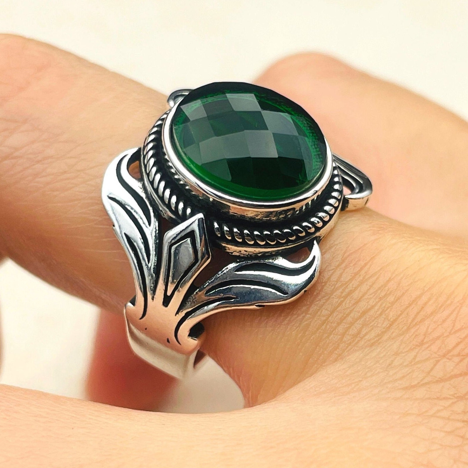 アクセサリー silver 925 emerald design ring Emerald Green Stone Ring: Handmade 925 Sterling Silver Turkish