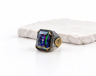 Mystic Topaz Men's Ring, Ottoman Style, 925 Sterling Silver with Gold-Tone Arabesque Medallion