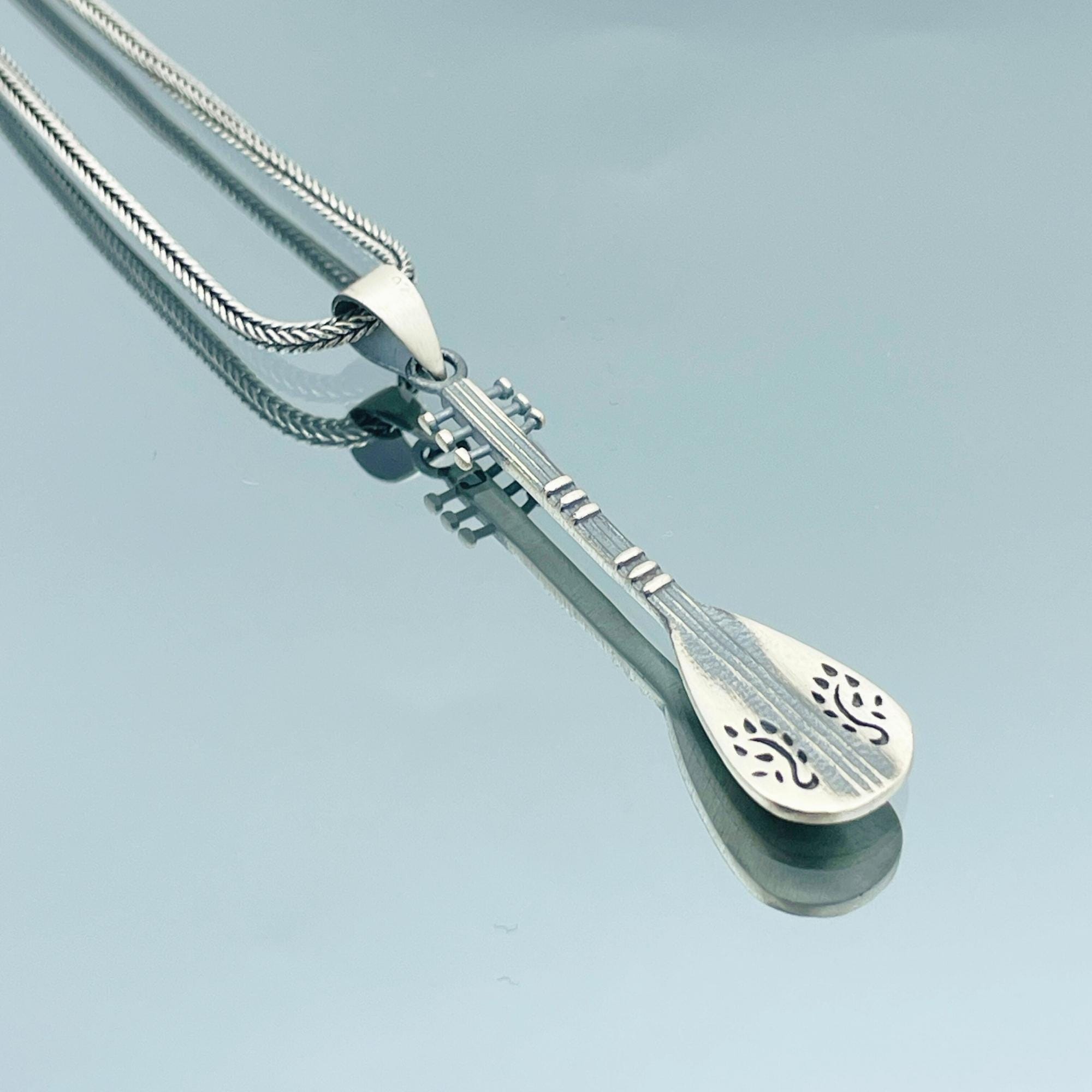 Handmade Sterling Silver Saz Pendant - Turkish Instrument Necklace