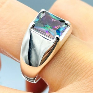 Mystic Topaz Stone Ring, Turkish Handmade Ring, Minimalist Silver Ring, Multicolor Mystic Topaz Ring, Men&#39;s Jewelry, 925k Sterling Silver