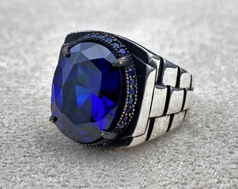 Mens Blue Sapphire 925 Silver Ring: Handmade Turkish Ottoman Style