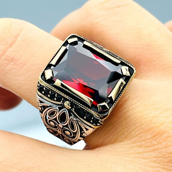 Men's Red Ruby Stone Ring, Turkish Handmade Ring, Squared Stone Ring, Mens Jewelry, Ottoman Style Ring, 925 Sterling Silver, Gifts Ring