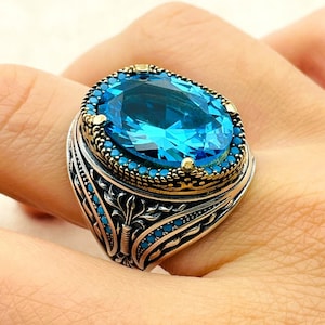 Mens Sapphire Gemstone Silver Ring: Handmade Ottoman Style
