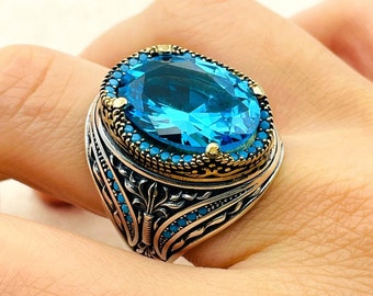 Mens Sapphire Gemstone Silver Ring: Handmade Ottoman Style