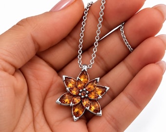 Orange Garnet Lotus Necklace, January Birthstone, Twelve Marquise Petals in 925 Sterling Silver