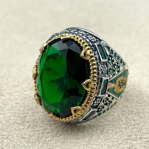 Men&#39;s Emerald Stone Silver Ring, Turkish Handmade Ring, 925k Sterling Silver Ring, Emerald Ring, Ottoman Men Ring, Men Jewelry, Gift for Him