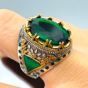 Anel de esmeralda masculino, anel estilo otomano, anel feito à mão turco, anel de pedra verde com corte oval, joias masculinas, prata esterlina 925, presente de Natal