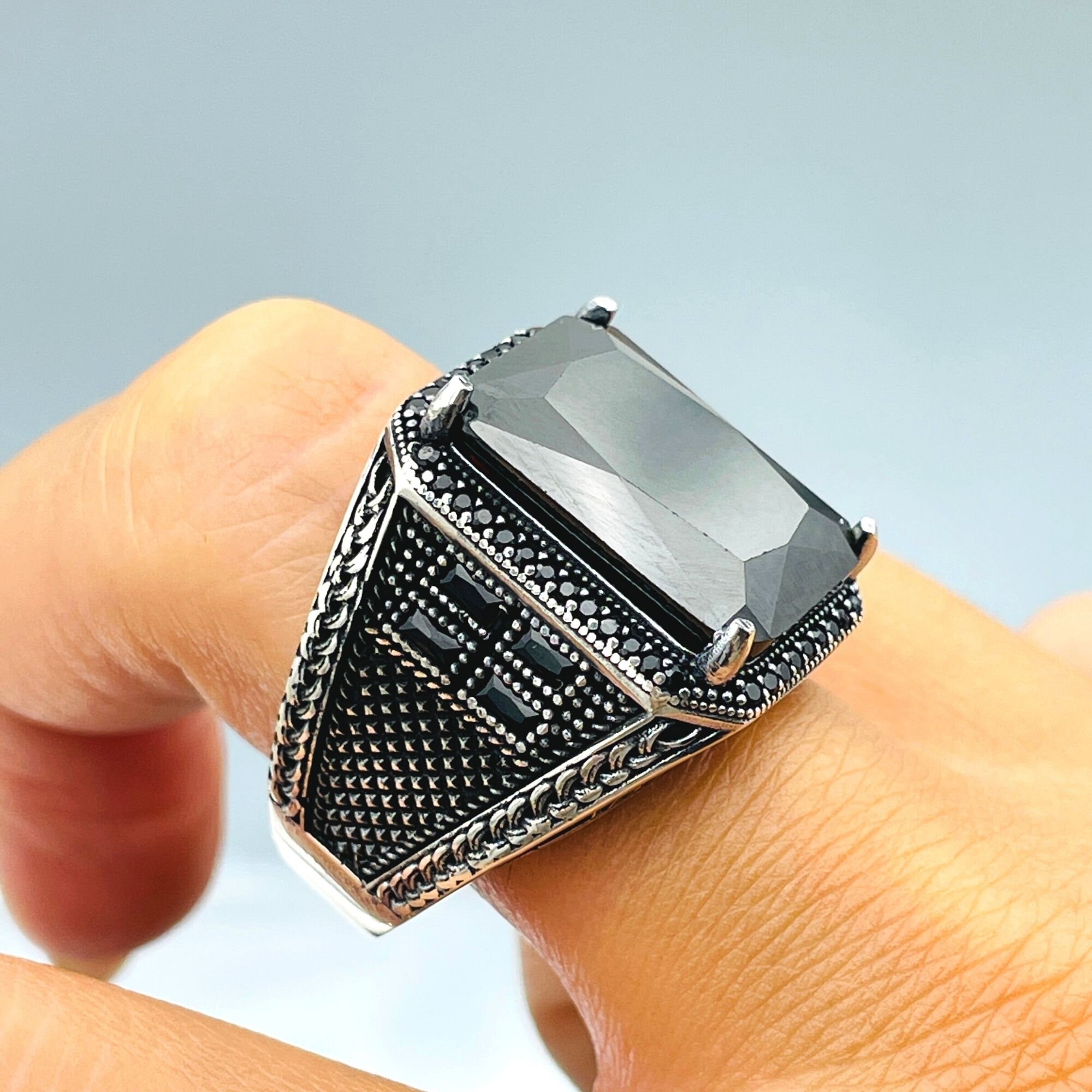 Rios London Men's 925 Sterling Silver Black Onyx Square Ring - Natural Gemstone, Boxed