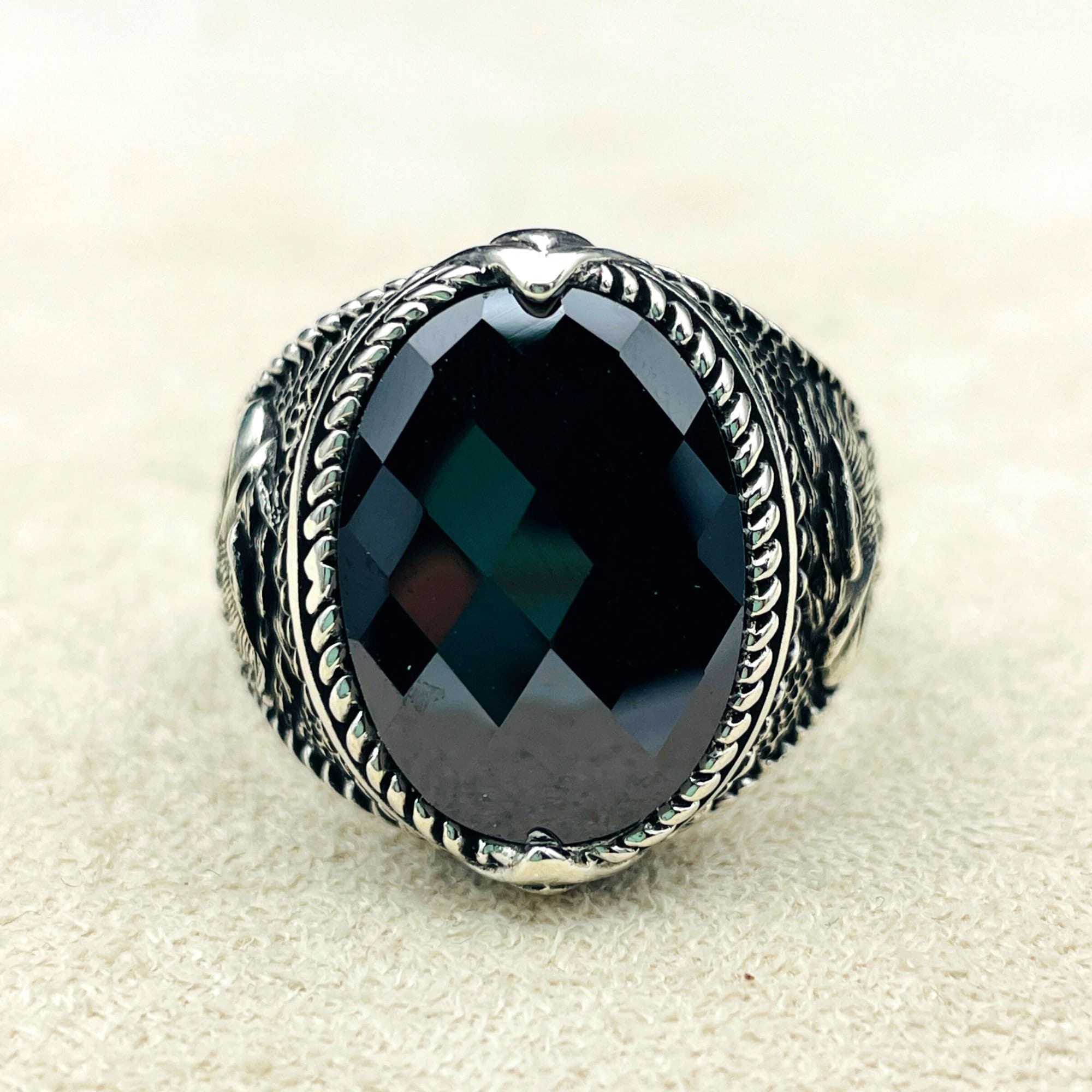 Chimoda スターリングシルバーリング メンズ ブラックオニキスストーン ハンドメイドメンズジュエリーリング キューバリンクチェーンモチーフ メンズリング | Chimoda スターリングシルバーリング メンズ オニキスまたは