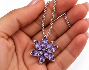 Layered Lavender Amethyst Lotus Pendant, February Birthstone Necklace in Polished 925 Sterling Silver